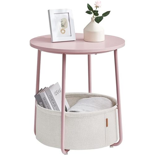 VASAGLE End Table, Small Bedside Table with Fabric Basket, Modern Nightstand, Round Side Table, for Living Room, Bedroom, Jelly Pink and Cream White ULET223R61