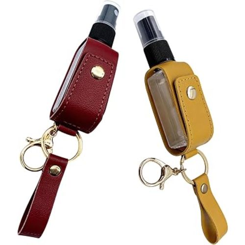 2Pcs 30ml/1oz PU Leather Travel Bottle Keychain Holder Portable Empty Leak-proof Plastic Spray Bottle Keychain Holder Refillable Mini Mist Bottle Container for Backpack Purse(Random Color)
