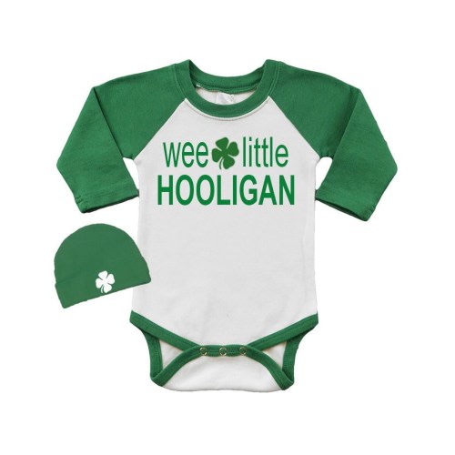 Baby Gift Set for St. Paddys, Funny Baby Outfit St. Patrick's Day Long Sleeve Raglan Baby Bodysuit with Cap - wee little Hooligan