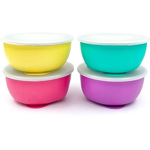 Elk and Friends Stainless Steel Bowls with Silicone Sleeve for Babies & Toddlers | Lids Included | Stay Put Suction | Cereal & Snack Bowls | 3 Pack