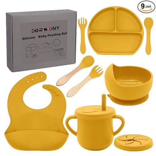 100% Silicone baby feeding set,BPA free Baby dishes set with Suction Bowl Divided Plate,Toddler Self Feeding Dish Set with Spoons Forks Sippy Cup And Bib, Baby Eating Utensils (Pumpkin)