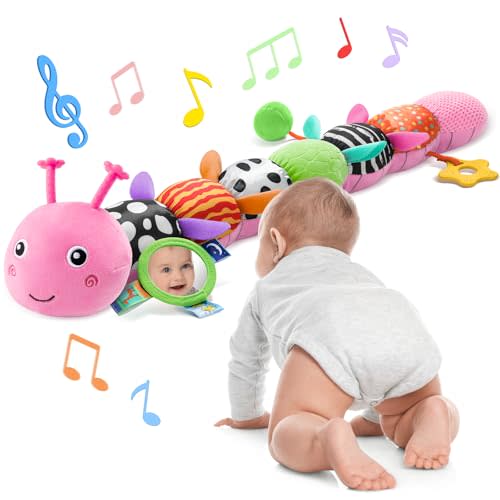 AWOTOY Baby Toys 6-12 Months Music Caterpillar Infant Toys Stuffed Animals 0-3-6 Months Teething Tummy Time Sensory Toys with Mirror Rattle&Pull String for Boys Girls Birthday Gifts|Candy Pink,Leafy