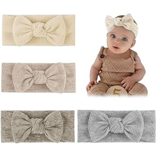 YanJie 4 PCS Baby Girl Headbands Handmade Big Bows Soft Stretchy Infant Newborn Headband with Bows Headwrap Hair Accessories Beige Light Khaki Coffee Gray
