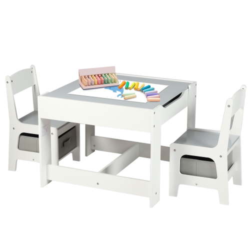 LINLUX Kids Table and 2 Chairs Set, Children Activity Table Chairs with Chalkboard/Whiteboard, Grey