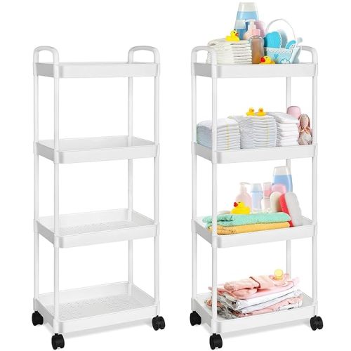 Baby Diaper Caddy Organizer, Rolling Plastic Movable Diaper Cart Essentials Baby Diapers Storage Organizer Newborn Nursery Essentials for Changing Tables, Crib, Baby Wipes (White,4 Tiers)