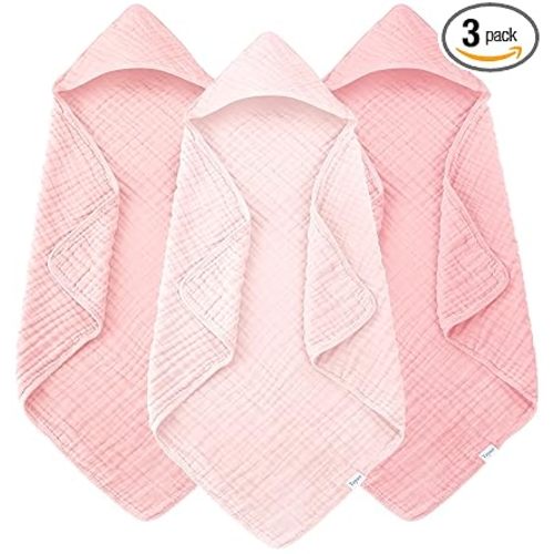 Muslin Hooded Baby Bath Towels - 3 Pack 100% Cotton Ultra-Soft Towels for Newborns, Infants, Toddlers - 32x32 Inch - Highly Absorbent, Quick-Dry Essentials for Bath Time, Beach, Pool, Pink Series