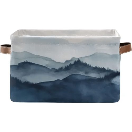 Kigai Collapsible Storage Basket with Handles, Blue Gray Mountain Canvas Fabric Storage Bins Toys Clothes Organizer for Bedroom, Nursery, Shelves, Closets (1PACK)