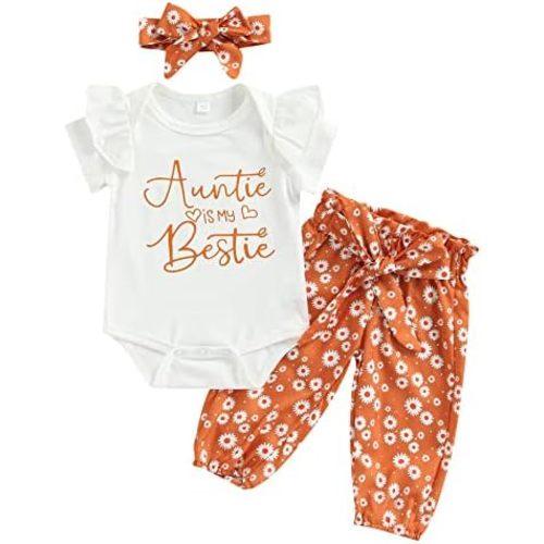 MAINESAKA Newborn Baby Girls 3pcs Outfit Set Auntie's Bestie Romper + Floral Pants Clothing Set