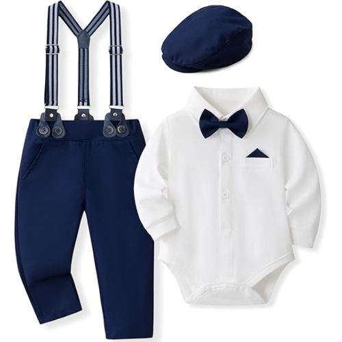 SALNIER Baby Boy Dress Suit Clothes Sets Infant Tuxedo Gentleman Suits Outfits Bowtie Shirt Suspenders Pants Beret Hat