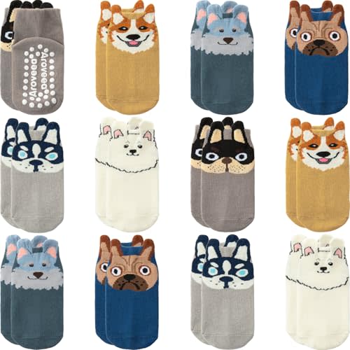Aroveea Baby Toddler Socks Grip Non Slip Boys Girls Cotton 12 Pack for Kids Ankle Cute Socks 6M-7Years