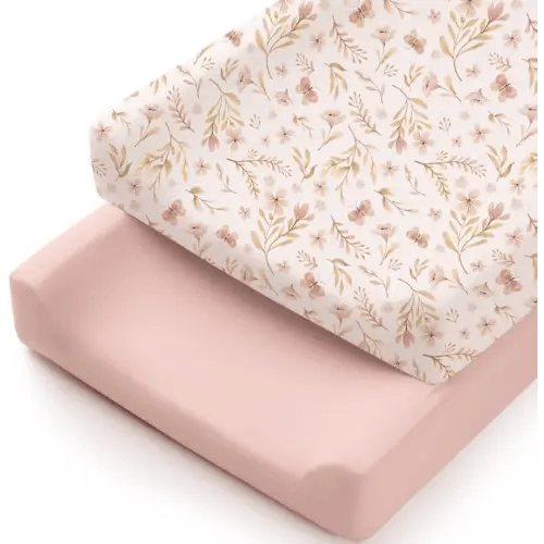 Konssy 2 Pack Stretchy Changing Pad Covers for Girl, Boy, Silky Soft Changing Table Cover, Breathable Baby Nursery Diaper Chang Pad Sheets (Pink Spring,Pink)