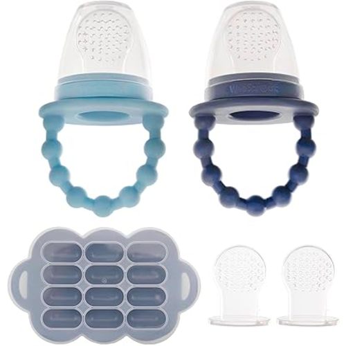 WeeSprout Silicone Baby Food Feeders + Freezer Tray for Batch Prep, Set of 2, Introduce New Foods Safely, Double as Teething Toys, Includes 2 Extra Pouches & Travel Lids, Dishwasher Safe