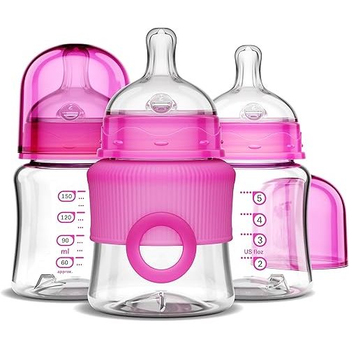 Smilo Baby Bottle Set with Stage 0 Slow Flow Anti Colic Nipple, 5 Oz / 150 ml Capacity, 3X Pack of Anti Colic Baby Bottles 0-3 Months - Pink