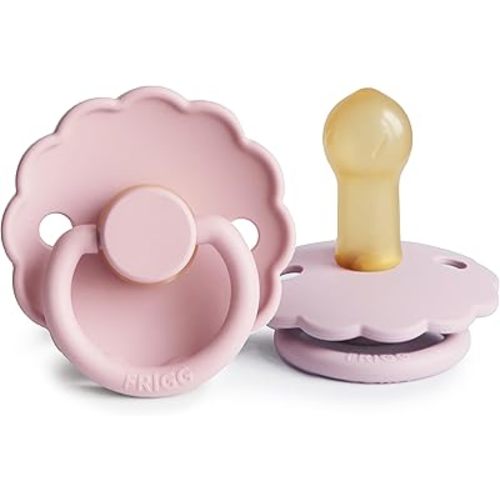 FRIGG Daisy Natural Rubber Baby Pacifier | Made in Denmark | BPA-Free (Baby Pink/Soft Lilac, 6-18 Months) 2-Pack