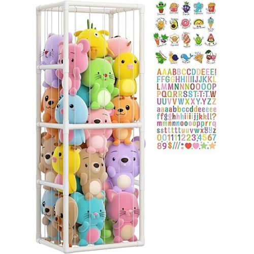 Stuffed Animal Storage Organizer - Large Vertical Zoo Cage with Sturdy PVC Tubes - Space-Saving Plush Toy Holder for Kids Room Playroom Nursery