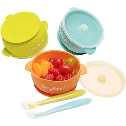 KingKam Baby Bowls and Spoons, Suction Bowls for Baby, Toddler Self-Feeding Set, Leak-Proof Silicone Bowl with Lid, Dishwasher & Microwave Safe
