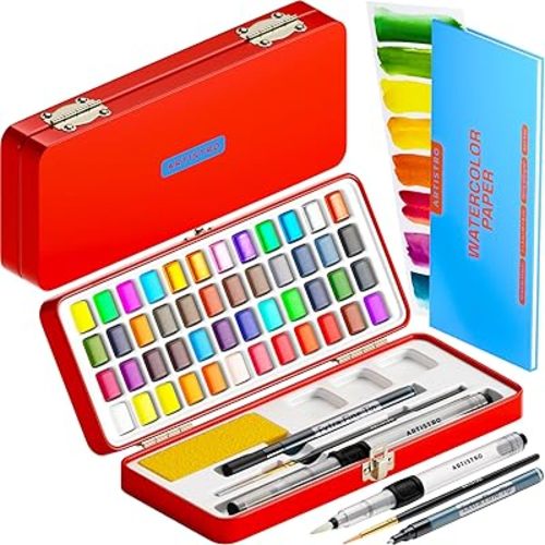 ARTISTRO Watercolor Paint Set 48 Vivid Colors + Metallic and Neon Colors, Travel Watercolor Set in Portable Box, Water Color Paint Sets for Kids, Water Colors Paint Adult Set for Beginners, Amateurs