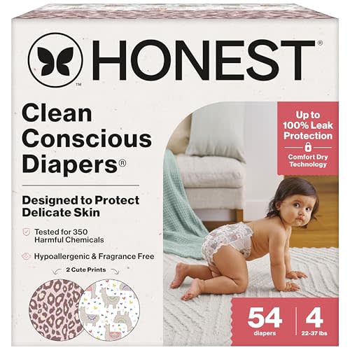 The Honest Company Comfort Dry Disposable Diapers for Sensitive Skin, Hypoallergenic, Fragrance-Free, Wild Thang + All The Alpacas, Club Box, Size 4 (22-37 lbs), 54 Count