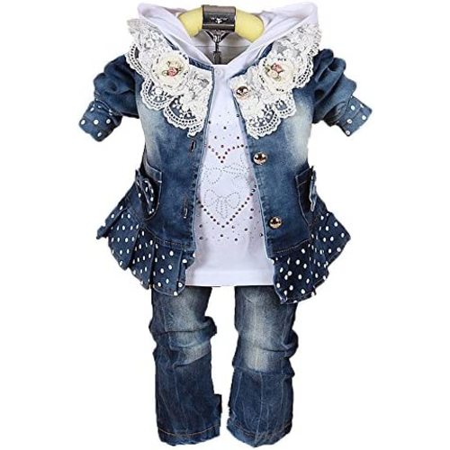 Yao 6M-4Y Infant 3Pcs Baby Girls Clothes Set Toddler Casual Outfits Lace Dress Jacket and Jeans