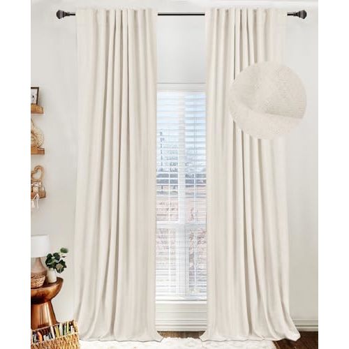 100% Blackout Shield Linen Blackout Curtains for Bedroom 84 Inches Long, Back Tab/Rod Pocket Living Room Drapes, Thermal Insulated Blackout Curtains 2 Panels Set, 50" W x 84" L, Beige White