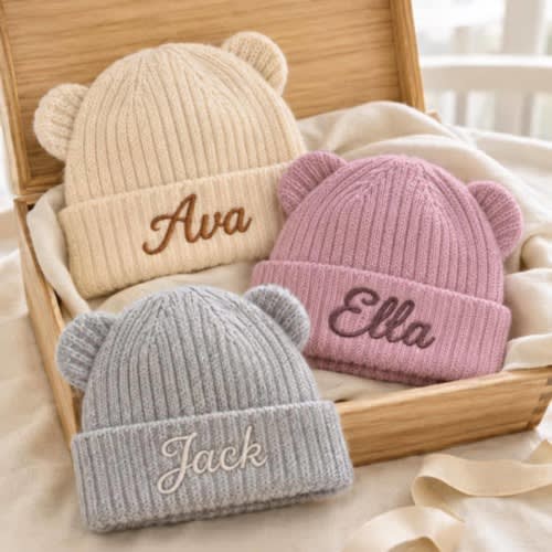 Embroidered Baby Beanie With Custom Name, Soft Knit Bear Ear Hat, Ribbed Foldover Cuff, Personalized Infant Winter Accessory In Seven Colors