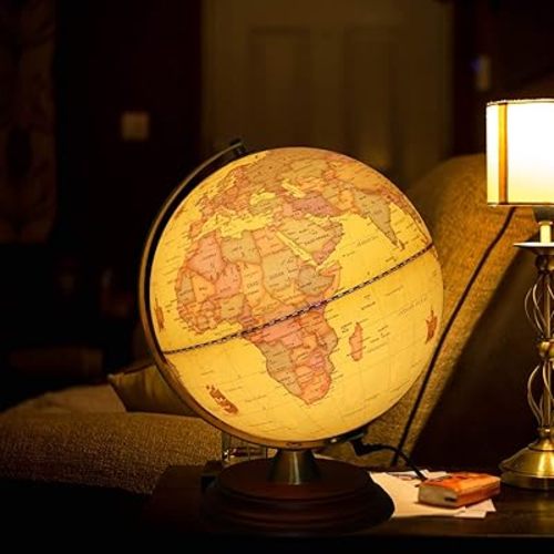 Illuminated World Globe for Adults & Kids with Wooden Stand,Built in LED Lamp for Illuminated Night View Antique Globe for Home Décor and Office Desktop 8inch