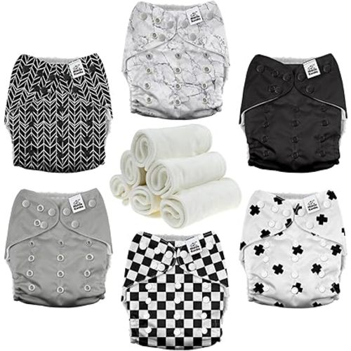 Mama Koala 3.0 Pocket Cloth Diapers for Babies with AWJ Lining, 6 Pack with 6 4-Layer Natural Cloth Diaper Inserts - Reusable and Washable Pocket Diapers (Black and White)