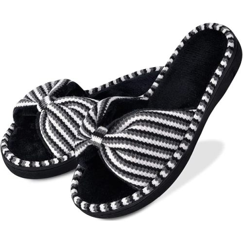 DL Women's Memory Foam Open Toe Slide Slippers with Cute Bow and Cozy Terry Lining, Slip-on House Shoes Spa Mules Sandals with Indoor Outdoor Rubber Sole