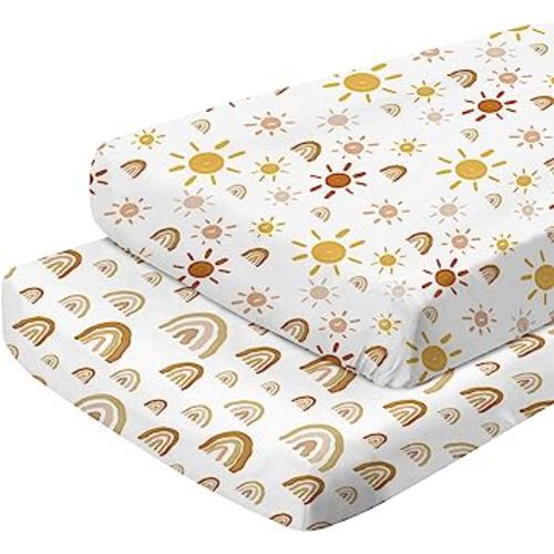 Changing Pad Cover - Babebay Ultra Soft Jersey Knit Cotton Diaper Change Table Pad Covers for Baby Girls and Boys -Stylish Rainbow & Sun Pattern, 2 Pack