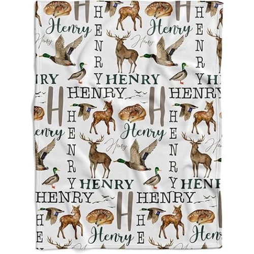 Personalized Woodland Wildlife Baby Blanket, Custom Name Deer and Duck Soft Fleece Throw, Forest Animal Nursery Bedding, Cozy Infant Swaddle, Unique Newborn