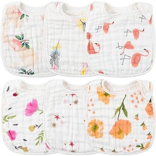 Zainpe 6Pcs Snap Muslin Cotton Bibs for Baby Flamingo Star Flower, Machine Washable Adjustable Burp Cloths with 6 Absorbent Soft Layers for Infant Newborn Toddler Drooling Feeding and Teething