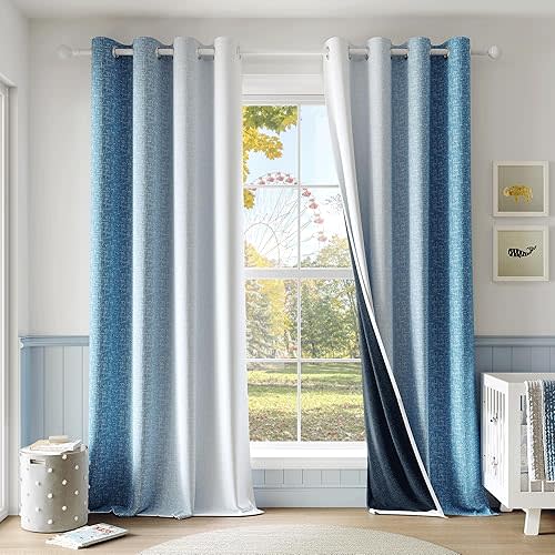 Ombre 100% Blackout Curtains 84 Inch Length 2 Panels for Kids Bedroom Nursery Blue White Gradient Patterned Room Darkening Thermal Insulated Grommet Window Treatment Drapes,52x84, 2 Set