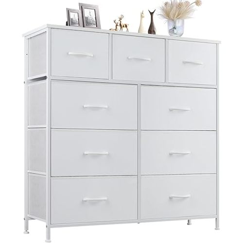 DUMOS Dresser for Bedroom, Storage Organizer with 9 Drawers, Chest of Drawers with Fabric Bins, Sturdy Metal Frame, Wood Tabletop for Closet, Entryway, Nursery