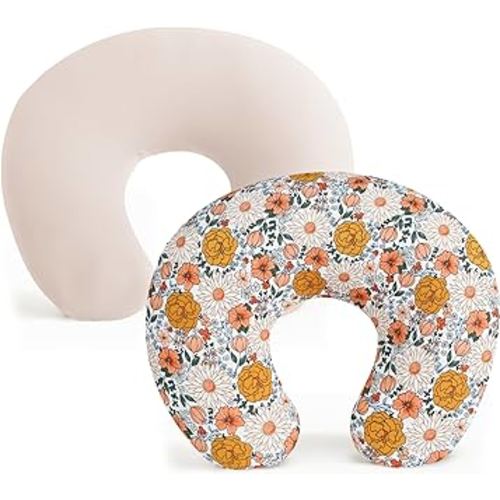 Konssy 2 Pack Nursing Pillow Covers, Stretchy and Soft Nursing Cover for Breastfeeding Pillows, Pillow Slipcover for Baby Girls Boys Newborn (Beige, Floral)