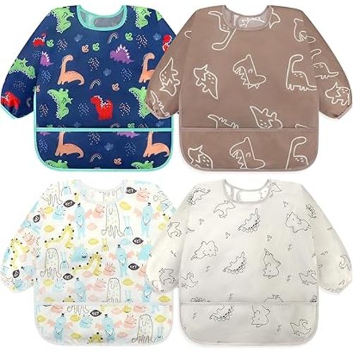 Accmor 4 Pack Long Sleeve Baby Bibs, Waterproof Sleeved Bib Smock for Baby Toddler 6-36 Months