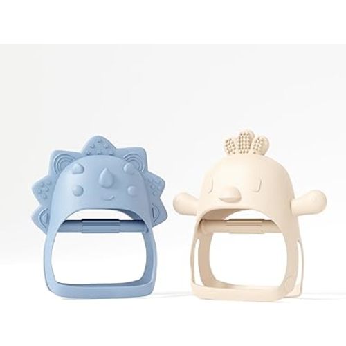 Baby Teether Pack of 2 Wearable Teether Toy Hand Teether - Little Chick and Mini Dino - Blue Baby Toy and Beige Baby Toys by Muqee Peeko Silicone Baby Teether