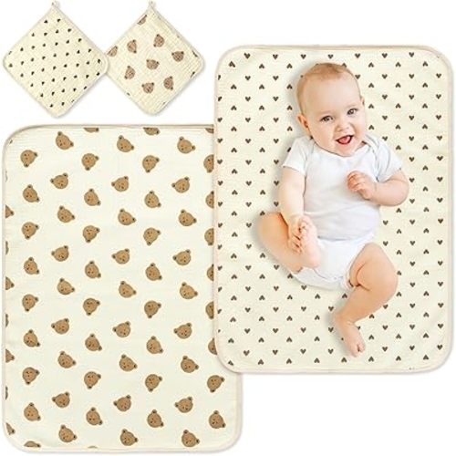 Zainpe 4Pcs Muslin Cotton Waterproof Changing Pad Liners & Washcloth Set 27.6” X 19.7” Absorbent Leak Proof Baby Love Bed Protector Washable Portable Diaper Changing Table Mat Gifts for Newborn