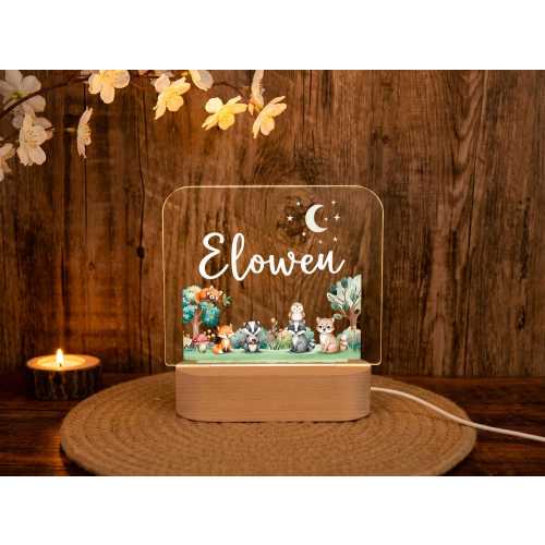 Personalized Woodland Animal Night Light, Custom Nursery Decor Gift Lamp, Kids Bedroom Bedside Light, Baby Shower Birthday Gift Night Light