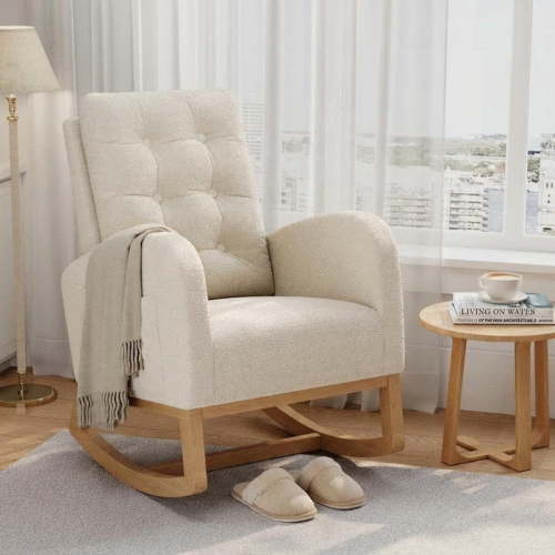 Rocking Chair for Nursery, Upholstered Glider Rocker with High Backrest and Padded Seat, Comfy Accent Armchair with Side Pocket for Bedroom, Living Room, Nursing Room