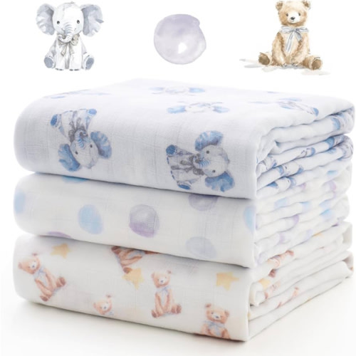 Momcozy Muslin Best Wishes Swaddle Blankets, Ultra Soft Neutral Registry Essentials, Whispering Bears & Elephants, Breathable Large 47'' x 47'' Newborn Boys Girls Receiving Blanket
