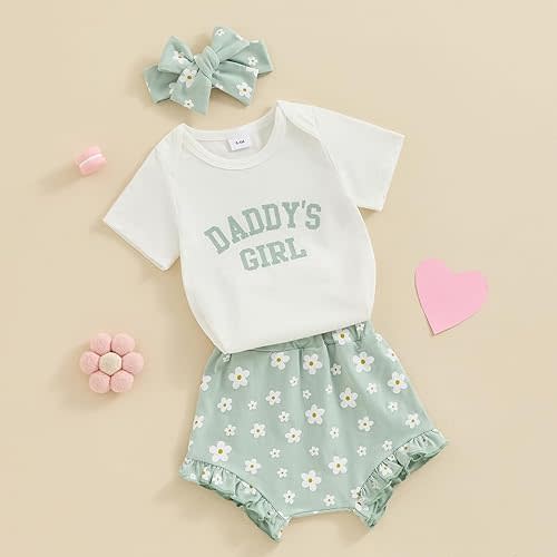 Muasaaluxi Newborn Baby Girl Clothes Daddys Girl Short Sleeve Romper Daisy Ruffle Shorts Headband 3Pcs Summer Outfit 0-18M