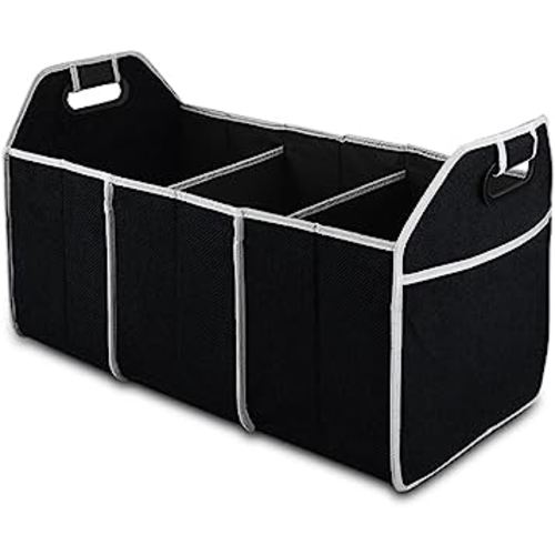 Car Trunk Organizer, Portable Foldable Waterproof Auto Storage Bag with 3 Compartments, Collapsible Cargo Trunk Groceries Organizer, Car Accessories Universal for SUV, Truck, Van, Sedan (Black2)