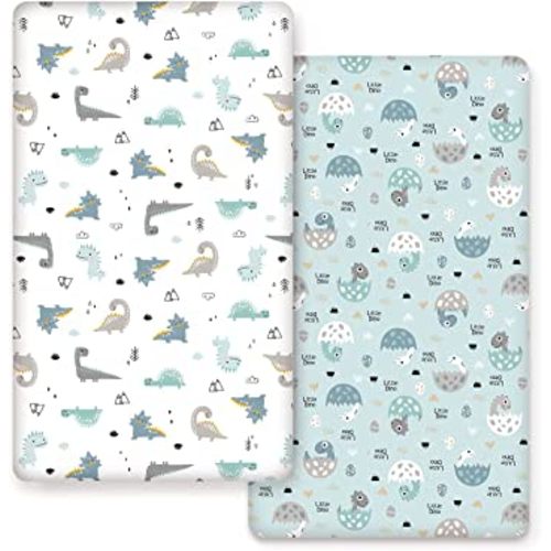GRSSDER Stretchy Ultra Soft Jersey Knit Fitted Crib Sheets Set 2 Pack, Cozy Fits All Standard Crib Mattress Pads, Happy Dinosaurs Print for Boys and Girls