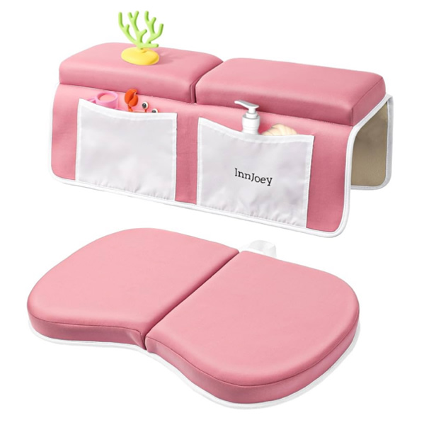 Odor-Free Baby Bath Kneeler and Elbow Rest Pad Set, 1.6'' Thick, Quickly Dry, Bathtub Kneeler Pad with Baby Toys & Bath Accessories Storage, Bath Kneeling Pad and Elbow Pad for Baby Tub(Pink)