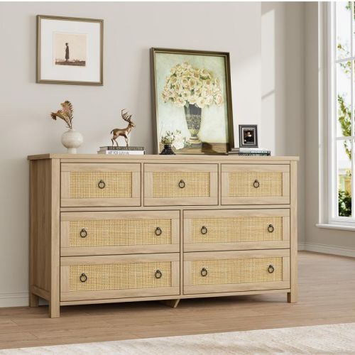 Rattan 7 Dresser For Bedroom, 47.2" Wide Dresser, Boho Wide Drawer Dresser With Storage, Wooden Closet Dressers Chest Of Drawers, Natural