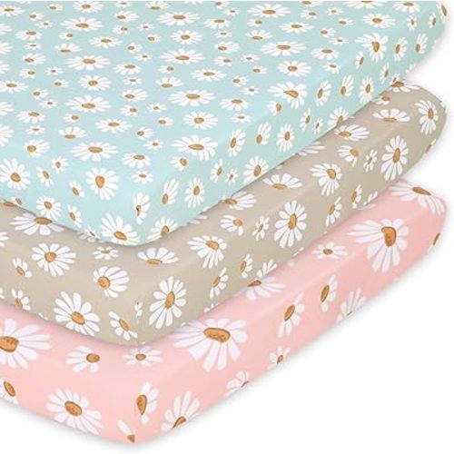 The Peanutshell 3-Pack Fitted Playard Sheets - Soft & Breathable Baby Girl Mini Crib Sheets, Pack N Play Mattress, Fits Standard Playard Pack Play Mattresses - Daisy Dreams