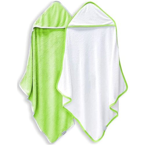 2 Pack Baby Bath Towel - Rayon Made from Bamboo, Ultra Soft Hooded Towels for Kids - X Large Size for 0-7 Yrs (White and Green, 37.5 x 37.5 Inch)