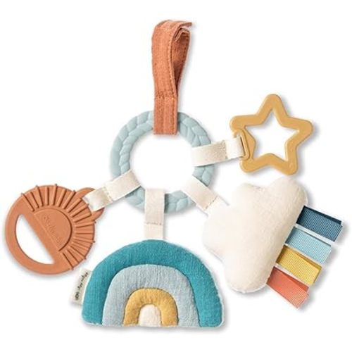 Itzy Ritzy Teething Activity Toy - Bitzy Busy Ring Infant Teething Toy Features Braided Ring & Dangling Toys, Includes Teether, Textured Ribbons, Crinkle Sound & Jingle Bell - 0 Months & Up (Rainbow)