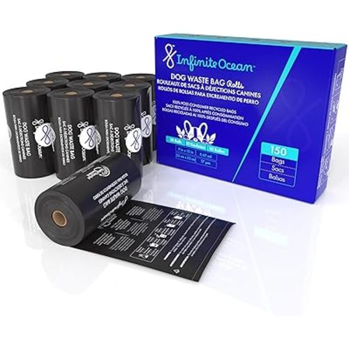 100% Post-Consumer Recycled Poop Bags for Dogs, 150 Infinite Ocean Dog Waste Bags, Odor-Proof, Leak-Proof, Extra-Thick Black Refill Rolls, Unscented, Doggie, Doggy, Puppy Bags