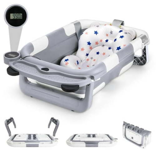 Collapsible Baby Bathtubs for Newborns to Toddler, Infants Anti Slip Foldable Bath Tub with Thermometer & Cushion